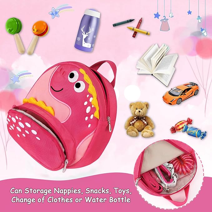 Accmor Toddler Backpack Harness with Safety Leash, Cute Dinosaur Harnesses with Kids Anti Lost Wrist Link, Mini Child Schoolbag with Wristband Tether Strap and Protection Leashes for Baby Girls (Pink)