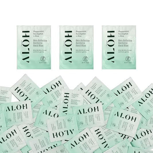 ALŌH Skin - Softening Sanitizing Hand Wipes – Peppermint Eucalyptus + Aloe - 1 Box of 500ct Individually Wrapped Wipes