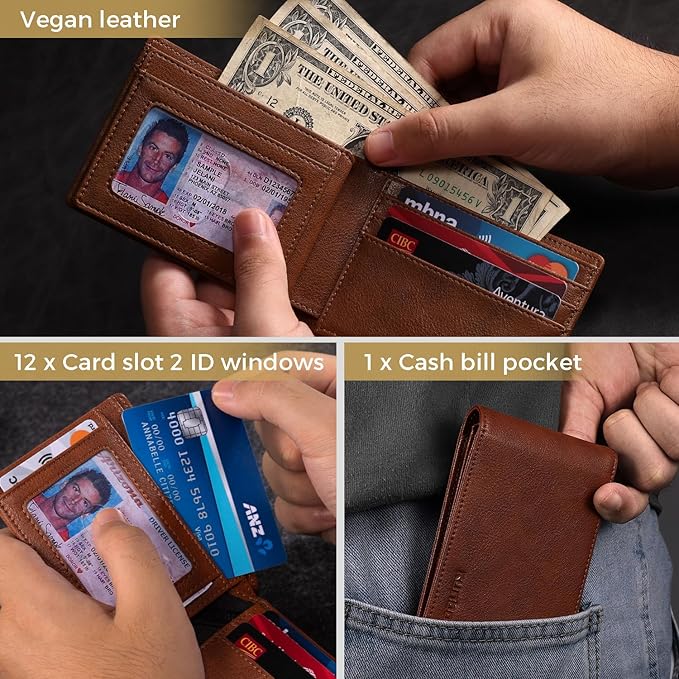 RUNBOX Wallet for Men Bifold RFID Blocking Wallets with 2 ID Window 14 Card Holders 1 cash pocket 1 Gift Box