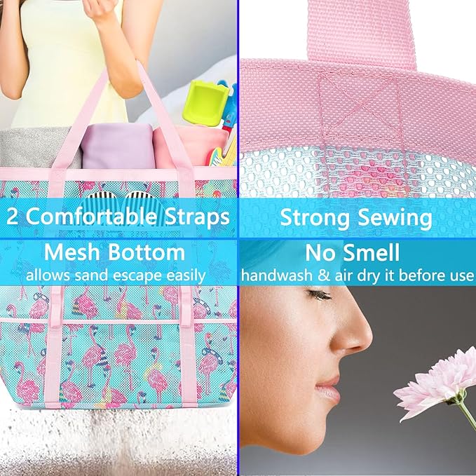 Mesh Beach Bag, Large Beach Tote with Zipper Pocket for Family Pool Bag for Toys & Vacation Essentials