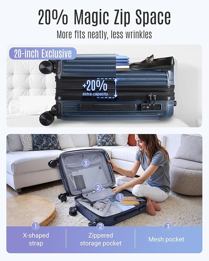 LIGHT FLIGHT Luggage Sets, Durable Hard Shell 3 Piece Set Suitcase with Spinner Wheels, Hardside Lightweight Luggage set with TSA Lock, Large Travel Luggage Set (20" 24" 28"), Navy Blue