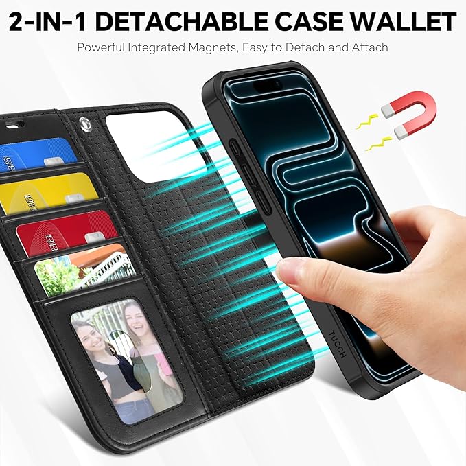 TUCCH 2-in-1 Detachable Wallet Case for iPhone 17 Pro Max (6.9") 2025, Wireless Charging | RFID Blocking 4 Card Holder | Wrist Strap | Kickstand | Magnetic | PU Leather | Protective Flip Cover | Black