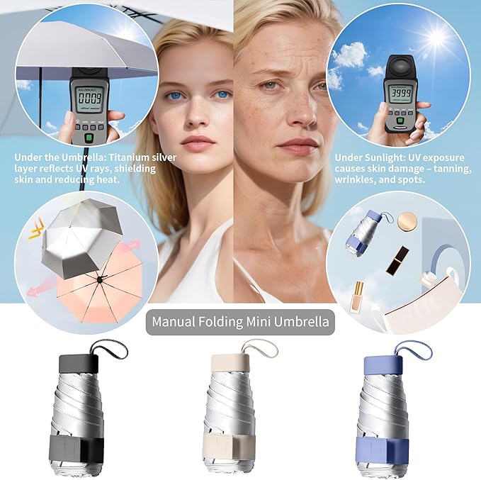 Compact Mini Windproof Travel Umbrella-UPF 50+ Sun & Rain Protection, Small Folding Design Fits in Pocket or Purse, Lightweight Portable with Case for Women, Men & Kids