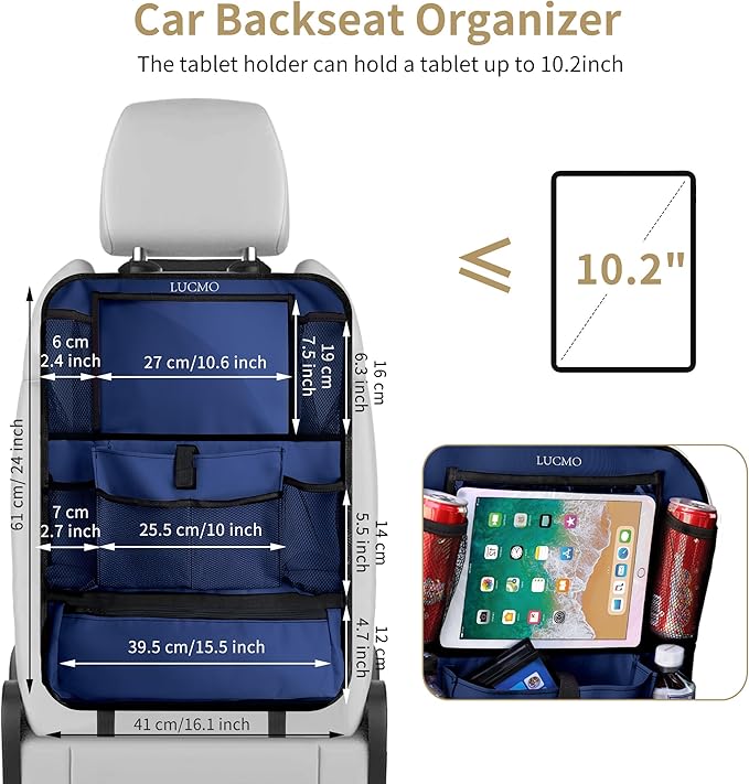 LUCMO Car Backseat Organizer with Touch Screen Tablet Holder-2 Pcs,9 Storage Pockets Car Storage Organizer Protectors Kick Mats Travel Accessories for Kids-Dark Blue