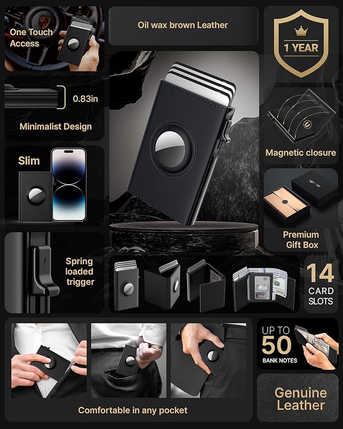 typecase Mens Wallet Card Holder for AirTag: Leather Smart Wallet for Men Compatible with Apple Air Tag, RFID Blocking, Slim, Minimalist - 9-14 Card Capacity | ID Window | Cash Slot (Deep Black)