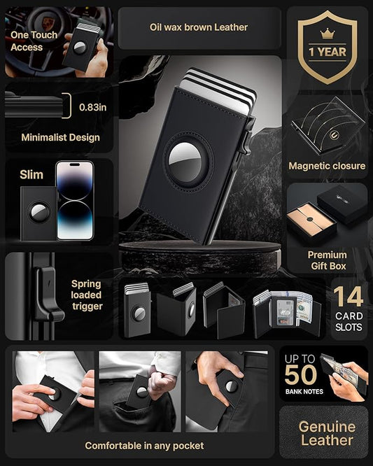 typecase Mens Wallet Card Holder for AirTag: Leather Smart Wallet for Men Compatible with Apple Air Tag, RFID Blocking, Slim, Minimalist - 9-14 Card Capacity | ID Window | Cash Slot (Deep Black)