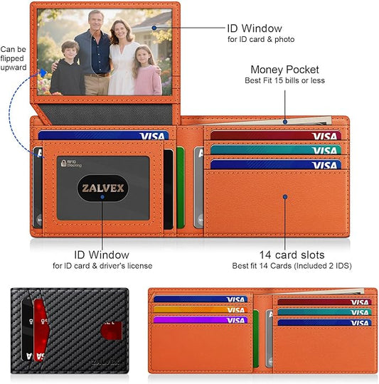Wallet for Men Slim RFID Blocking Leather Credit Card Holder Wallet for 14 Cards, Bifold Minimalist Thin Wallet with 2 ID Windows & Cash Slot, Front Pockt Carteras Para Hombres, Birthday Gifts for Men