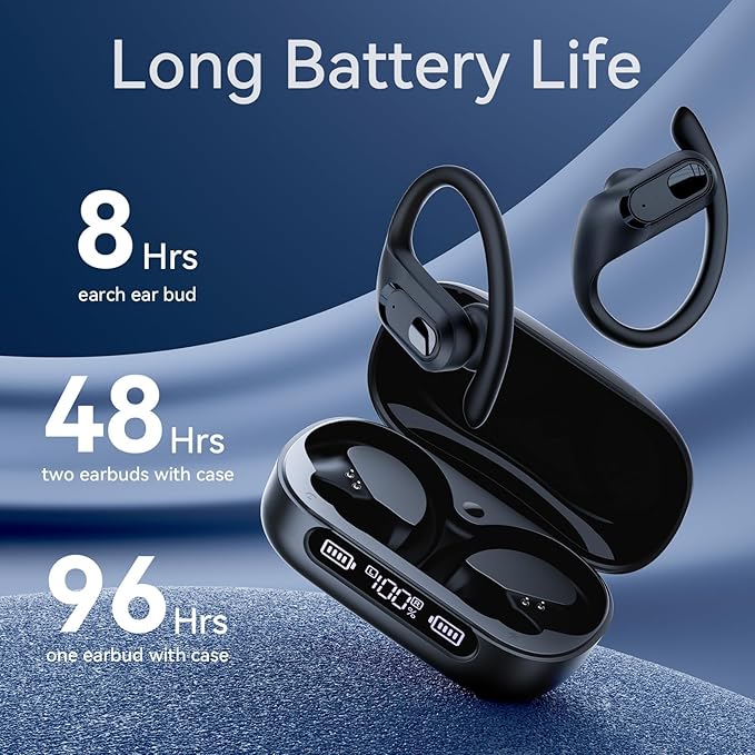 occiam Active Noise Cancelling Wireless Earbuds Bluetooth Headphones Ear Buds 96Hrs Playback Clear Call Waterproof Earphones with Ear Hook Microphones for Sport Running (Black Standard)
