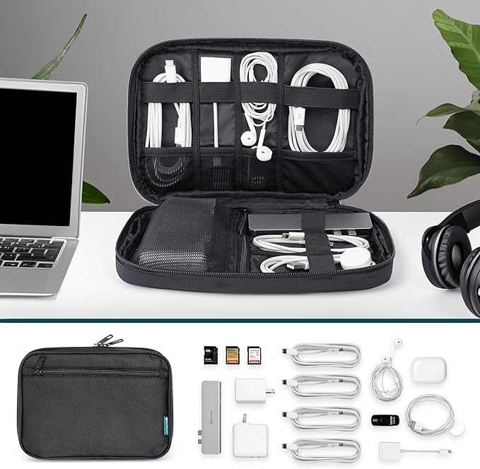 PAVILIA Travel Cord Organizer, Electronic Organizer Travel Case, Tech Organizer Travel Case, Cable Organizer Travel Storage, Small Charger Cord Bag Pouch, Travel Accessories Tech Gifts for Men, Black