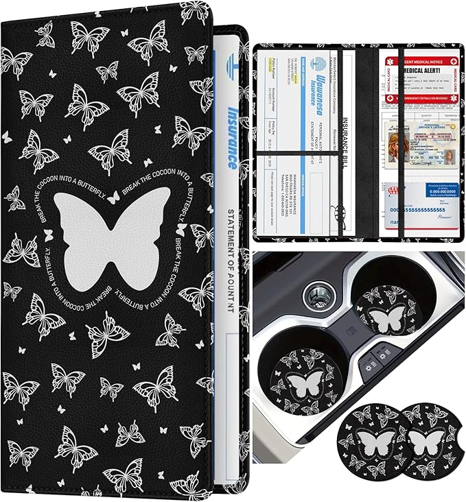 Slohif Car Registration and Insurance Card Holder - Butterfly Vehicle Glove Box Organizer Women with Magnetic Shut Leather Automobile License Holders Coasters Auto Accessories Case for Document