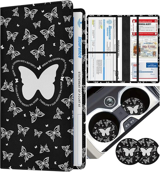 Slohif Car Registration and Insurance Card Holder - Butterfly Vehicle Glove Box Organizer Women with Magnetic Shut Leather Automobile License Holders Coasters Auto Accessories Case for Document