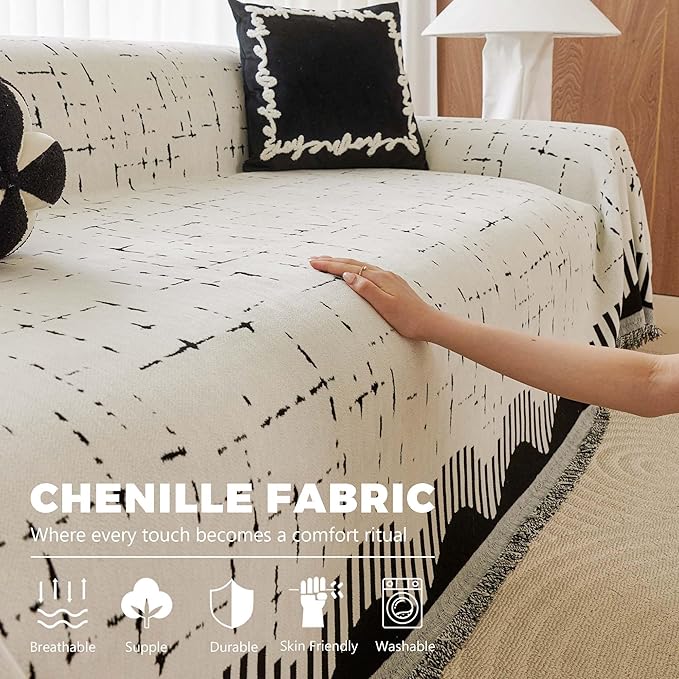 Boho Couch Cover for Dogs - Pet Proof Sofa Covers for 2 Cushion Couch, Non-Slip Chenille Sofa Slipcover, Pet Friendly Furniture Cover Fits Love Seat, 71"x118", Beige
