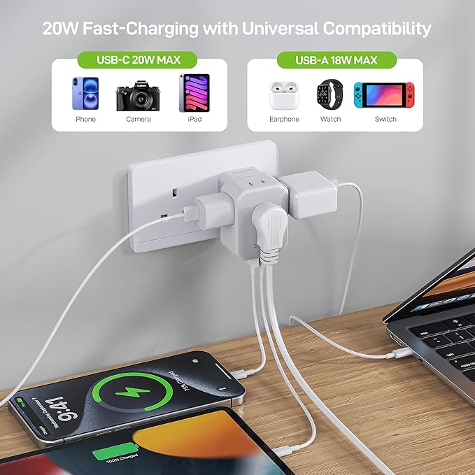 EPICKA Hybrid International Power Adapter for US to England, Foldable & Detachable Type G (UK) VisaPlug, 8-in-1 Travel Plug Adapter with 4 USB Ports (2 USB-C PD 20W), Travel Dormestic Essentials