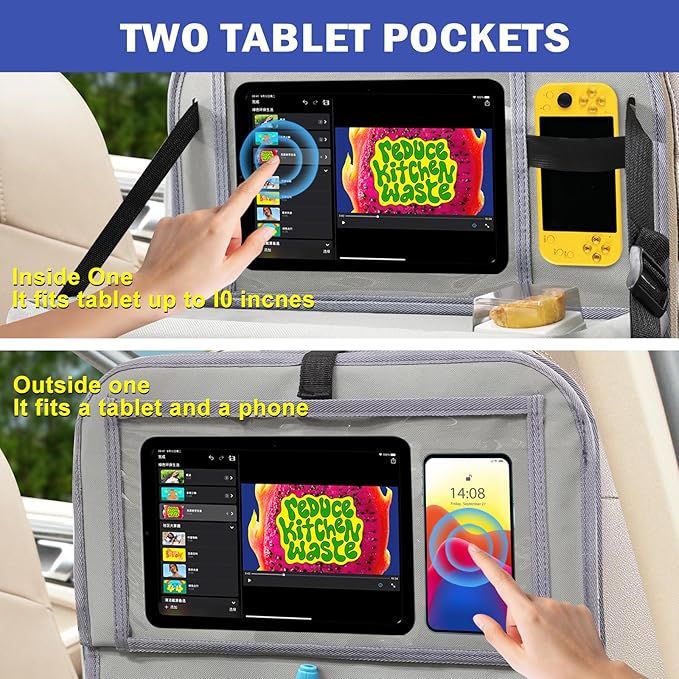 2Pack Car Backseat Organizer with Foldable Table Tray,6 Storage Pockets Car Storage Organizer with Tablet Holder,Car Seat Back Protectors Kick Mats Travel Accessories (Grey)
