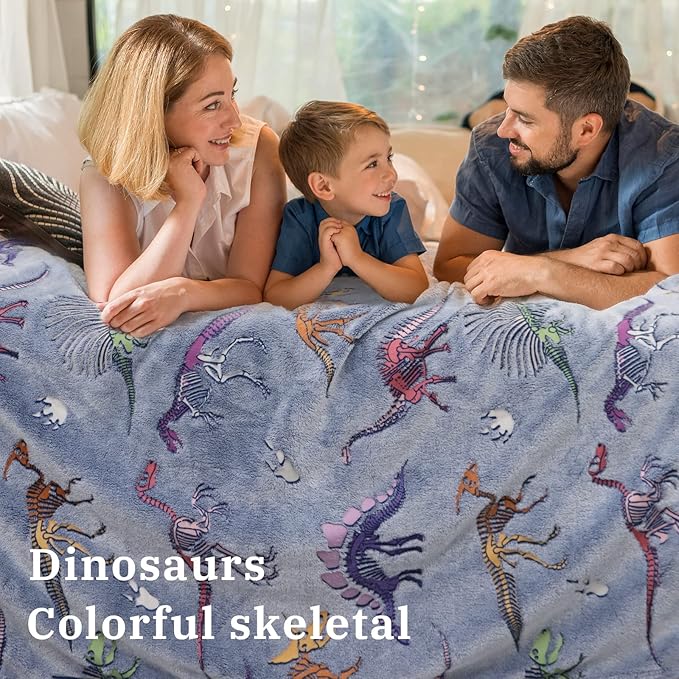Glow in The Dark Dinosaur Blanket for Boys Girls Kids Cute Dino Throw Blankets for Couch, Kids Fleece Blankets, Soft Warm Plush Dinosaur Toddler Blanket Luminous