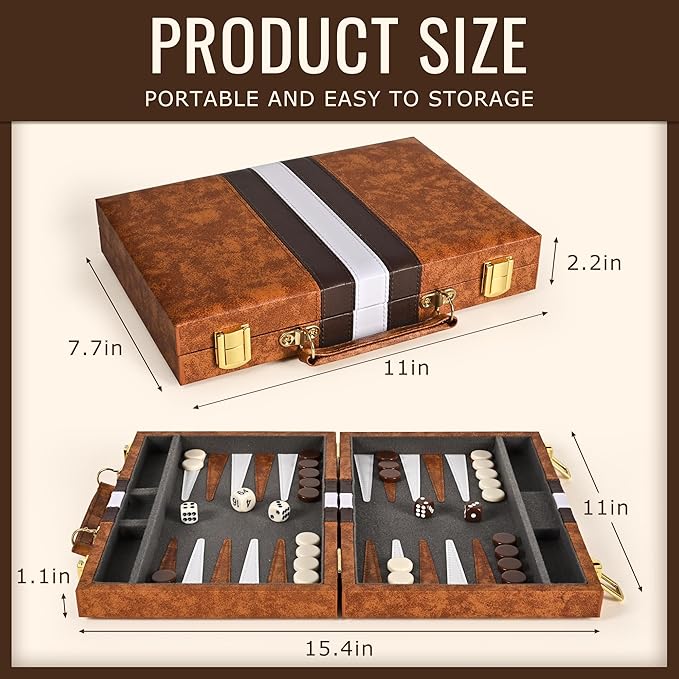 ropoda Backgammon Board Game Set (11 Inches) for Adults and Kids,Classic Board Strategy Game,Portable and Travel Backgammon Set with Premium Leather Case,Best Strategy & Tip Guid
