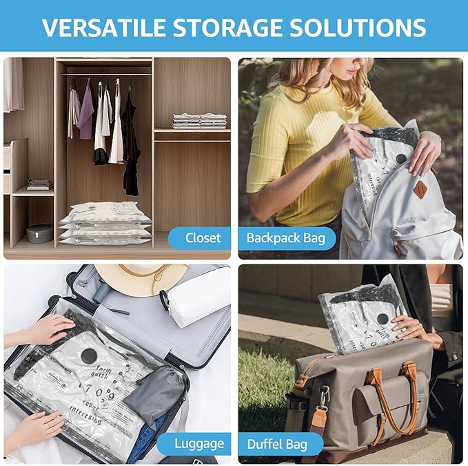 Vacuum Bags for Travel with Rechargeable Pump, 15 Packs of 3 Sizes Vacuum Seal Bags for Clothing, Space-Saving Compression Vacuum Travel Bags for Luggage, Vacuum Packing Bags for Closet Organization