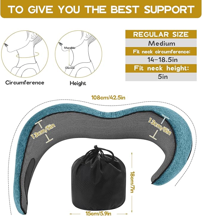 REDOFF®Travel Pillow for Neck Support, Memory Foam Neck Pillow for Airplane, Car, Office - Adjustable Strap with Magic Tape, Breathable & Portable with Storage Bag（Peacock Blue
