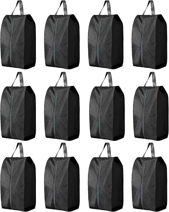 Travel Shoe Bags, Set of 12, Large Oxford Fabric Storage Bags with Zipper and Handle, Water-Resistant Pouches (Black)