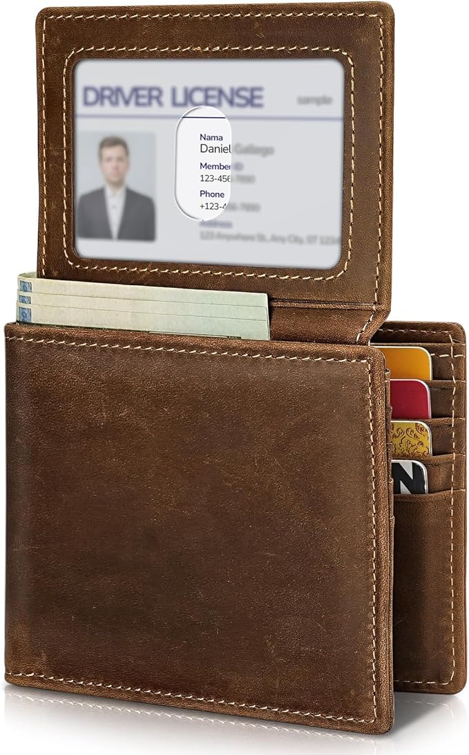 Artpaxy Mens Wallet Genuine Leather Bifold RFID Blocking Wallet for Men with 2 ID Windows 12 Card Holders 2 cash pockets 1 Gift Box