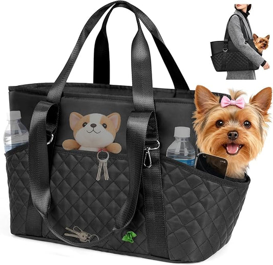YUDODO 4-12lbs Dog Tote Bag for Women, Lightweight Small Dog Purse Carrier with Large Pockets & Safety Clip, Pet Shoulder Handbag for Travel, Outing, Vet, Black