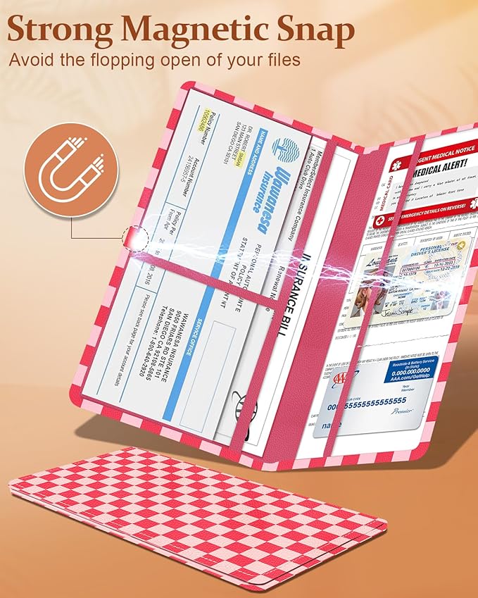 Slohif Car Registration and Insurance Card Holder with Magnetic Shut - Vehicle Glove Box Organizer Women Leather Automobile License Holders Coasters Auto Accessories Case for Document,grid