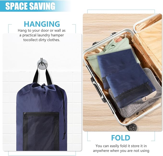 Portable with Adjustable Shoulder Straps Travel Dirty Laundry Bag,with Drawstring Closure & Mesh Pocket Backpack Laundry Bag for College,Apartment,Camping(Dark Blue)