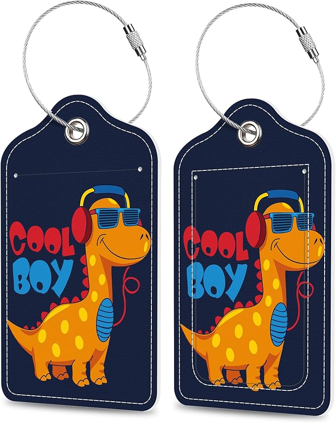 2 Pack Luggage Tags for Suitcase Cartoon Cool Dinosaur Leather Stainless Steel Loop Label Tags for Women Men Travel Bag Suitcase with Privacy Cover Name ID Card