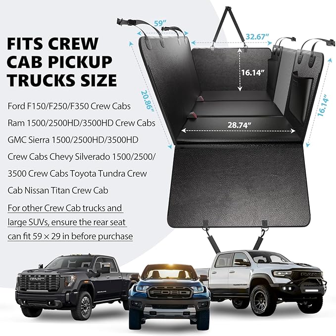 Back Seat Extender for Dogs-Leather Upgraded Foam, Hard Bottom Dog Seat Cover for Truck Back Seat, Dog Hammock for Truck Crew Cab F150, RAM1500, Sierra, Silverado,Tundra, Titan（59‘x29’