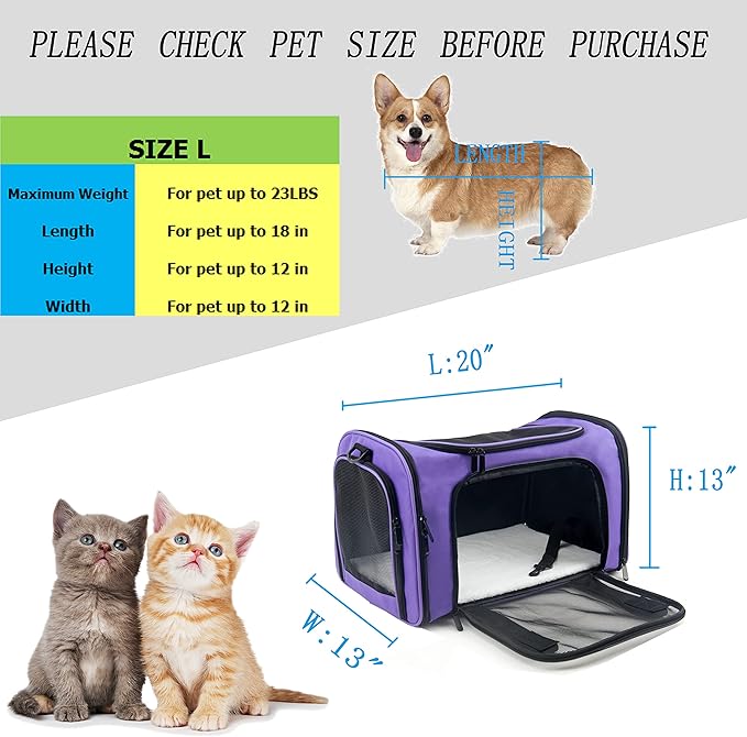 Soft Sided Carrier for Small Medium Cats Dogs,Removable Pad Collapsible Travel Pet Carrier Large Purple