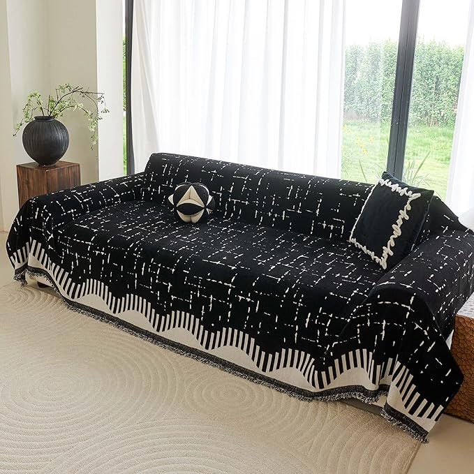 Couch Cover for 3 Cushion Sofa Pet Friendly Furniture Covers, Chenille Sofa Covers Washable L Shape, Boho Couch Blanket Cover with Tassel Decoration, 71"x 134", Black