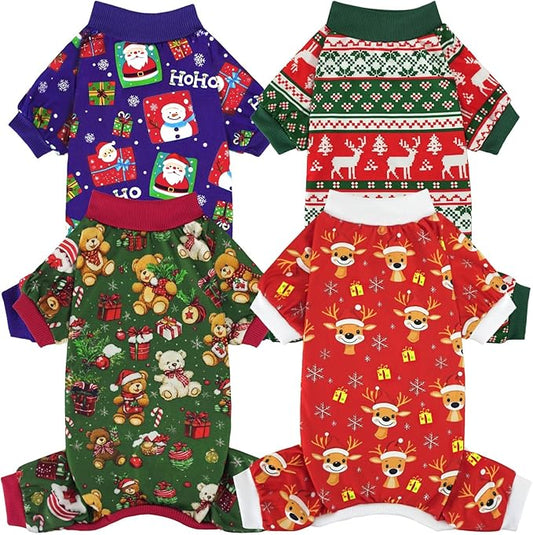 XPUDAC 4 Pack Dog Christmas Pajamas Reindeer Puppy Clothes Cute Santa Claus Dog Pajamas Costumes Outfit Red Green, 5XL