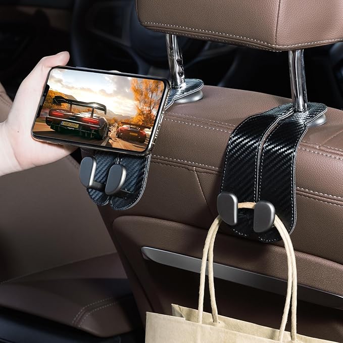 CoBak Headrest Hooks for Car - Universal Premium Stitched Leather and Aluminum-Magnesium Alloy Double Car Seat Back Storage Hook for Purses, Handbags, Bags (2 Pack),Black Carbon Fiber