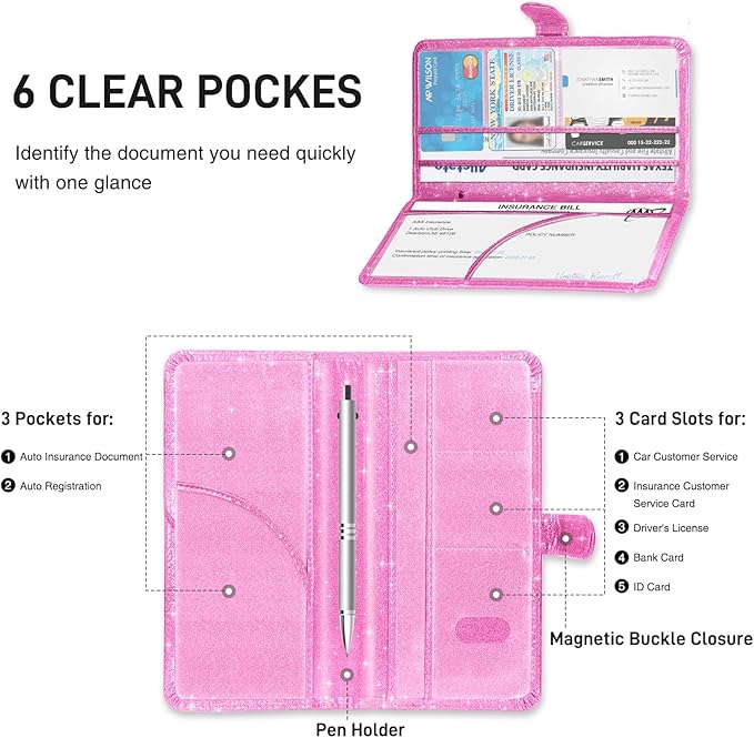 Car Registration and Insurance Card Holder, Document Holder for Cards, Driver Vehicle License Document Glove Box Compartment Organizer, Car Essentials For Women