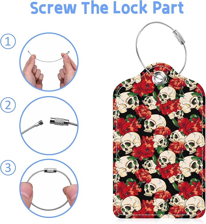 2 Pack Luggage Tags for Suitcase Day of The Dead Skull and Flowers Leather Stainless Steel Loop Label Tags for Women Men Travel Bag Suitcase with Privacy Cover Name ID Card