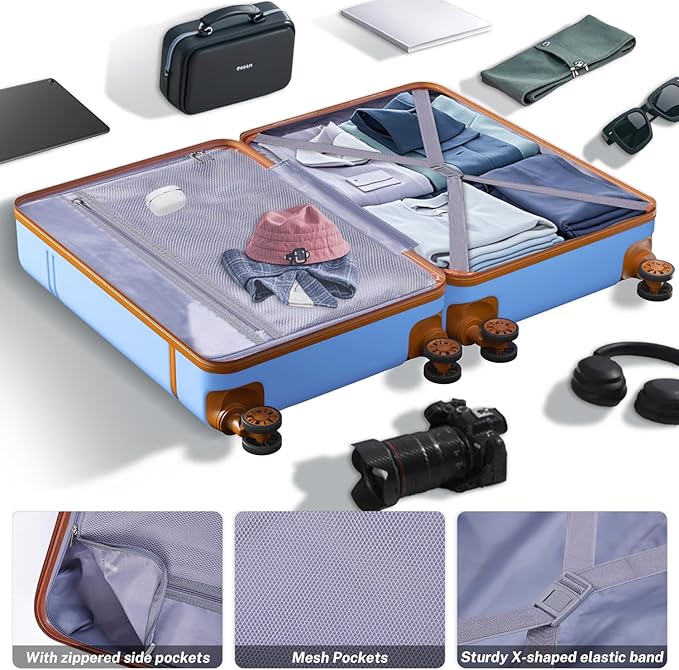 Krute Checked Luggage 24 inch Suitcases with Wheels TSA Approved PC+ABS Lightweight Hard Side Suitcase (LightBlue)