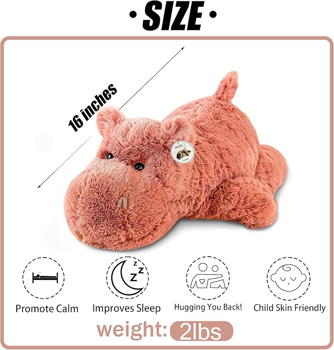 16" | 2 Pounds Pink Hippo Weighted Stuffed Animals,Sensory Comfort Plush Throw Pillow Toy,Kawaii Plushies Hugging Toy Gifts for Kids & Adults (Hippopotamus, 16 inch 2 Pounds)