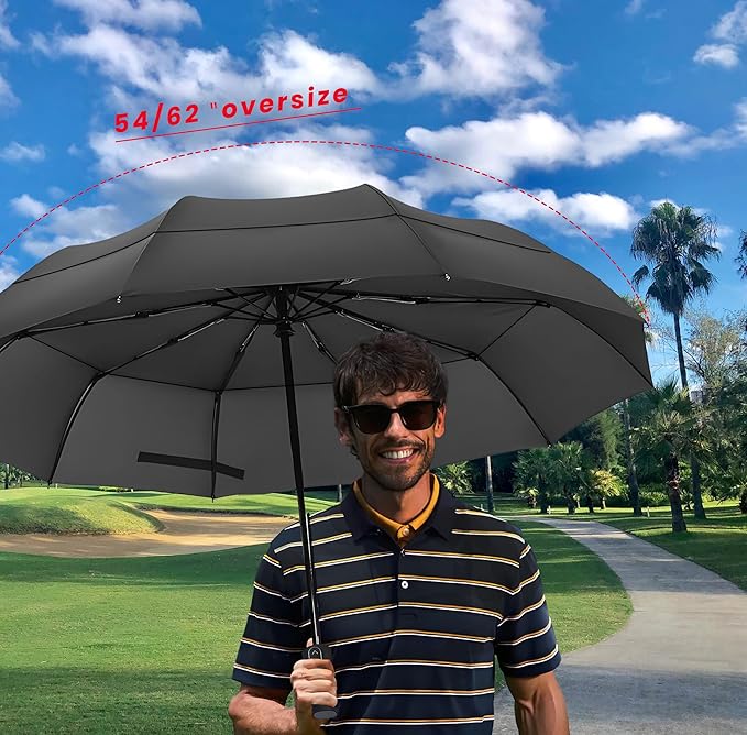 MRTLLOA 49/54/62 Inch Large Folding Golf Umbrella, Oversize Double Canopy Vented 10 Ribs Windproof Compact Travel Umbrellas for Rain
