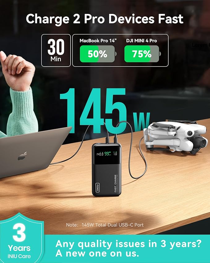 INIU 25000mAh Power Bank, Compact High Capacity 140W Laptop Portable Charger, USB C Tablet Powerbank, Digital Display Phone Charger for iPhone 17 16, Samsung, iPad, MacBook, Laptop, Emergency etc