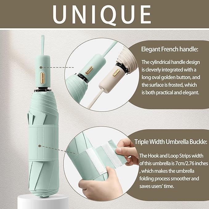 French Style Travel Compact Folding Umbrella with 7CM(2.76in) Hook and Loop Strips/8Ribs/Lightweight Portable/Auto Open Close/UV Protection/UPF 50/Parasol/Waterproof/Rain Sun/Backpack/Car/Women Kid
