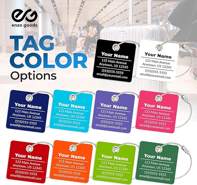 Personalized Luggage Tag | 4 Pack | Custom Luggage Tags for Suitcases | Kids Backpack Tag | 10 Color Options & Choose Font, Font Color