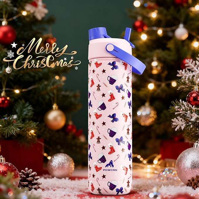 26 oz Christmas Insulated Water Bottle with 2-in-1 Straw and Spout Lid, Keep Cold 24H, Leak-Proof, Fits in Car Cup Holder, Stainless Steel Water Bottle for Gift, Trip, Party (Sugar & Spice Holiday)
