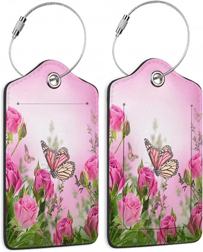 2 Pack Luggage TagsButterfly Rose Floral with Stainless Steel Loop and Privacy Cover for Women Men Travel Luggage Accessories