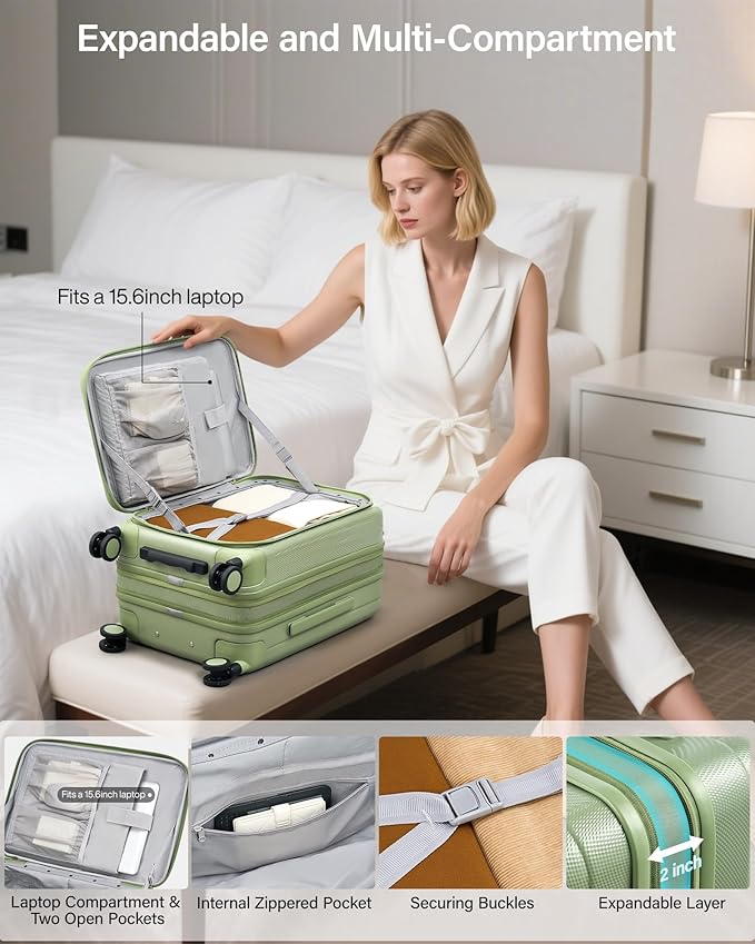 Hanke 20 Inch Expandable Carry On Luggage Airline Approved Top Opening Hard Shell Suitcases with Wheels Lightweight Travel Luggage Carry On Suitcase for Woman Men-Bamboo Green