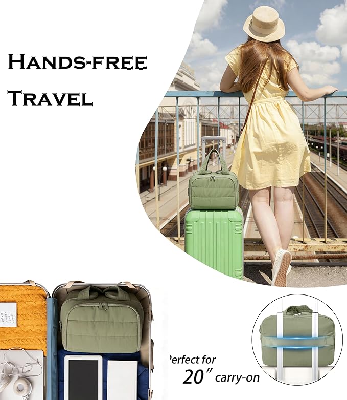 Travel Toiletry Bag for Women, Large Wide-open Puffy Cosmetic Makeup Bag with Wet-Dry Separation, Multi-Pocket Organizer with Carry Handle for Toiletries, Cosmetics, Essentials, Green