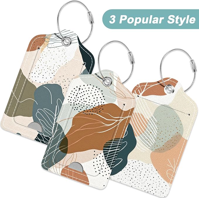 Rimilak 3 Pcs PU Leather Luggage Tags for Suitcase, Travel Cruise Luggage Tag with Privacy Flap, Name ID Label and Metal Loop for Women Men Baggage Handbag School Bag Backpack, White Leaves