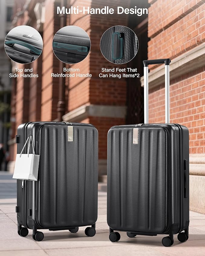 Hanke 24 Inch Expandable Luggage Top Opening Checked Bag Luggage Hard Shell Suitcases with Wheels Lightweight Travel Luggage Medium Suitcase with Lock for Woman Men-Jet Black