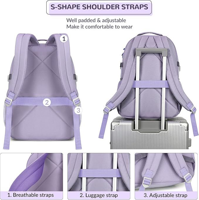 Lohol Water Resistant Backpack with Mulitiple Pockets for Travel Outdoor College, 15.6 inch Laptop Bookbag for Girl and Women (Purple)