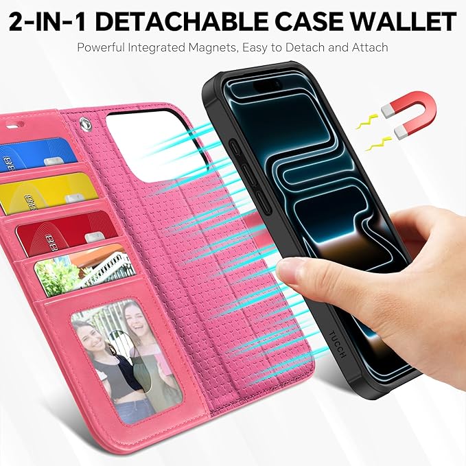 TUCCH 2-in-1 Removable Wallet Case for iPhone 17 Pro Max (6.9-inch) 2025, Wireless Charging | RFID Blocking 4 Card Slots | Wrist Strap | Kickstand | Magnetic | PU Leather | Protective Cover | Hot Pink