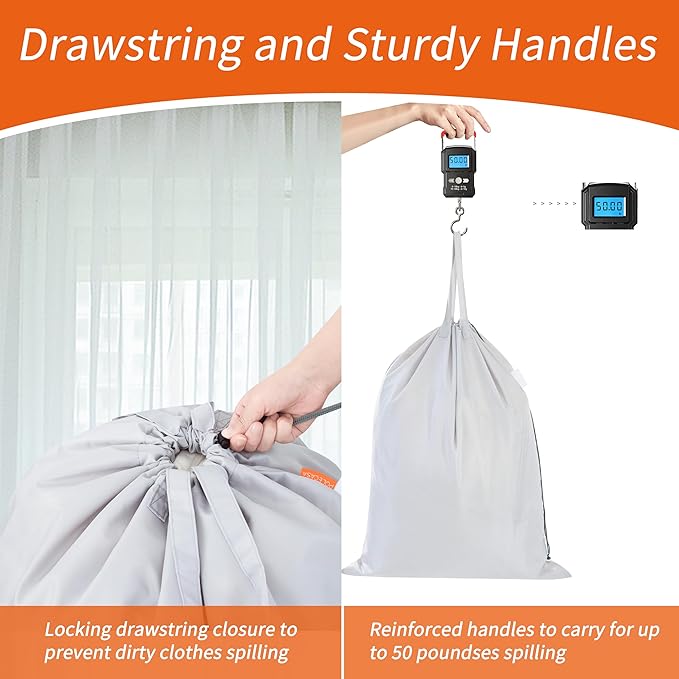 Polecasa Extra Heavy Duty Large Laundry Bag with Sturdy Handles and Drawstring Closure, 2 Pack 28 x 36 inches Durable Storage Bags for Basket, Hamper, College, Dorm, Travel, Silver